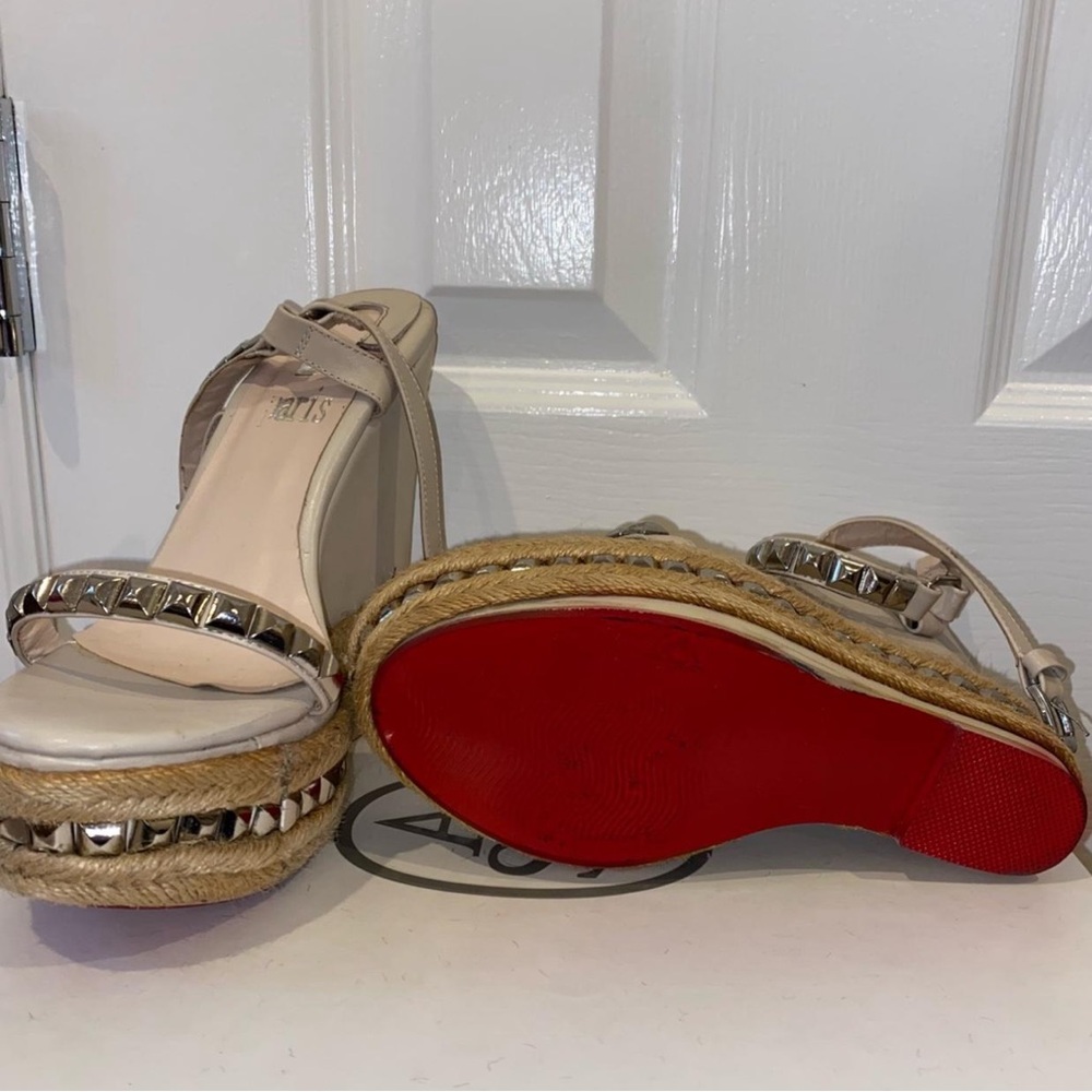 Christian Louboutin Beige Leather Studded Cataclou Espadrille Wedges